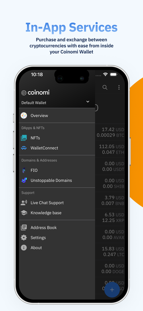 Coinomi Wallet - Coinomi Wallet app interface showing the side menu with NFT and support options