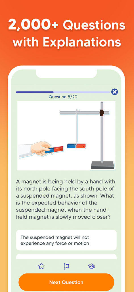 ASVAB Practice Prep Test 2025 - A screenshot of the ASVAB Practice Prep Test 2025 app showing a science question about magnetism with a diagram and multiple choice answers.