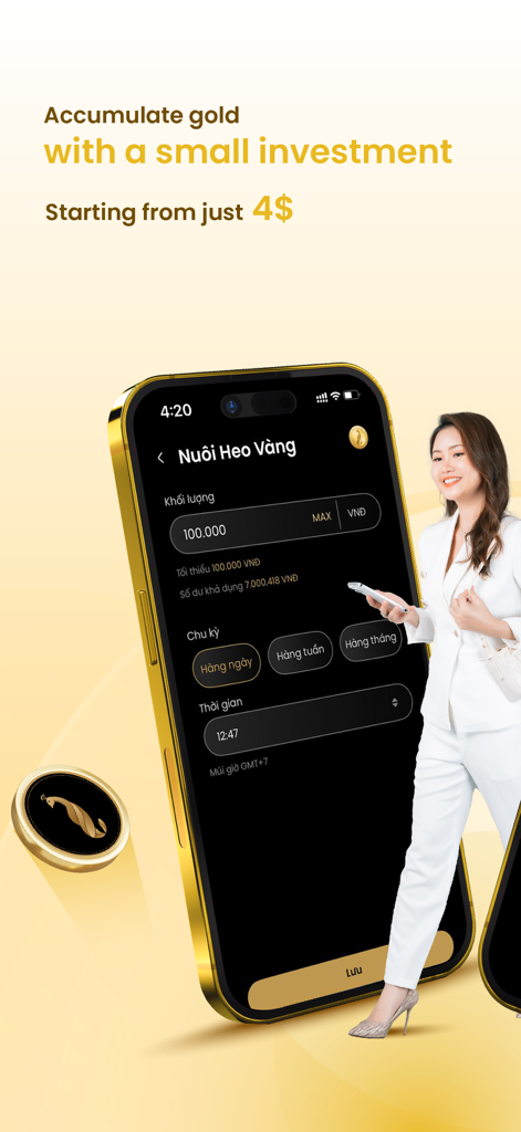 HanaGold mobile app interface showing micro-investment options for gold accumulation starting from four dollars