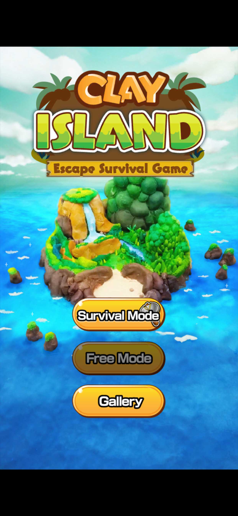 Clay Island - survival games - Title screen of the Clay Island mobile game showing a clay modeled tropical island and game mode buttons