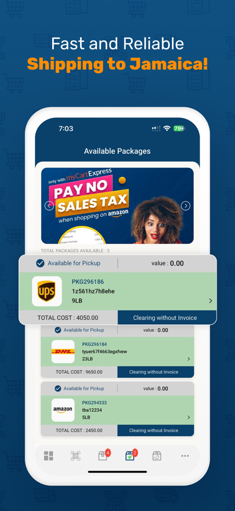 Mycart Express - Mycart Express App-Bildschirm, der eine Liste verfügbarer Pakete anzeigt, die zur Abholung bereit sind, mit Tracking-Details und Kosten