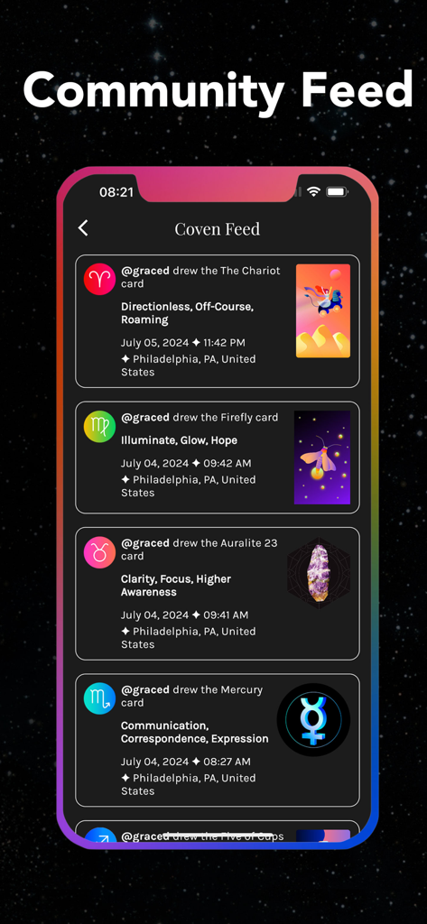 Mystic Mondays - A mobile screenshot of the Mystic Mondays Coven Feed showing a list of daily tarot and oracle card draws shared by community members