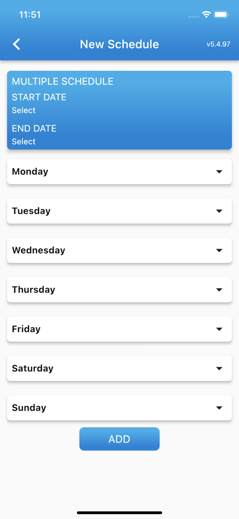 Interfaccia dell'app Dragon Special Ed che mostra la schermata del nuovo programma con la selezione della data di inizio e fine e menu a discesa per ogni giorno della settimana