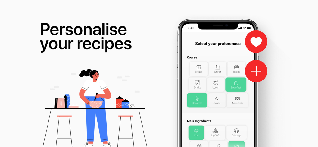 Diabetic Recipes-Meal Planner - Maqueta de iPhone mostrando selecciones de preferencias de recetas en la aplicación Recetas para Diabéticos