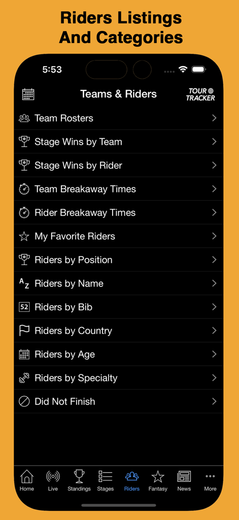 Écran de l'application Tour Tracker Pro Cycling montrant le menu des équipes et des coureurs avec des catégories telles que les effectifs des équipes et les temps d'échappée