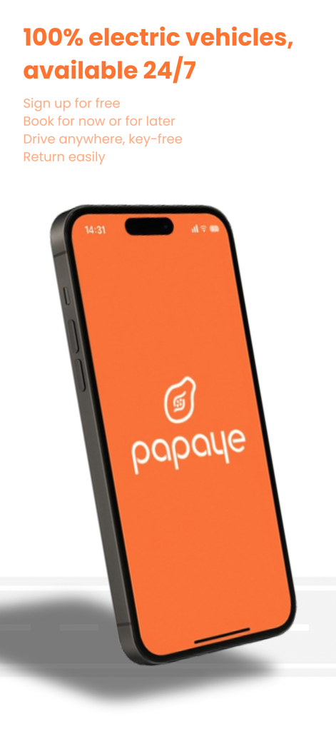 Papaye: 24/7 Car-Sharing - Smartphone screen displaying the Papaye car sharing app logo and key service features for electric vehicles