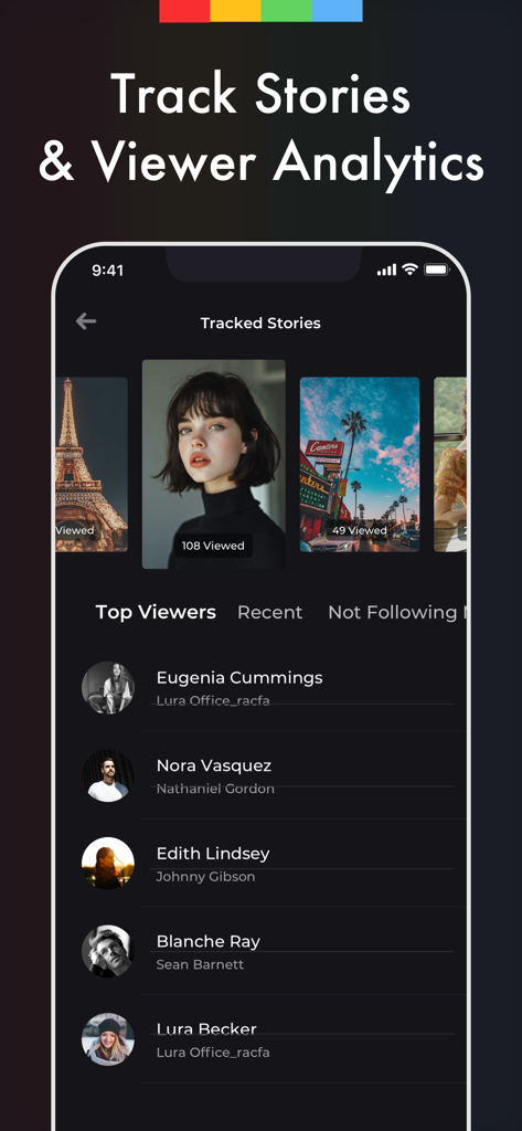 Reports Unfollowers Followers+ - Mobile app interface showing Instagram story viewer analytics and top viewers list