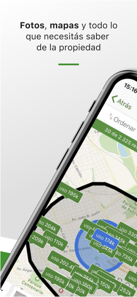 Argenprop - Argenprop app displaying an interactive map with real estate property prices