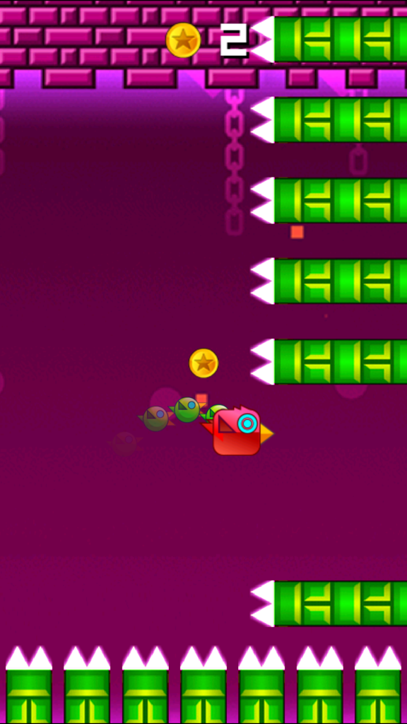 Geometry Pocket Mouse - Electric Pet Go Avoid Color Stack - Captura de pantalla del juego Geometry Pocket Mouse que muestra un personaje de cuadrado rojo volando entre obstáculos verdes con pinchos para recoger monedas