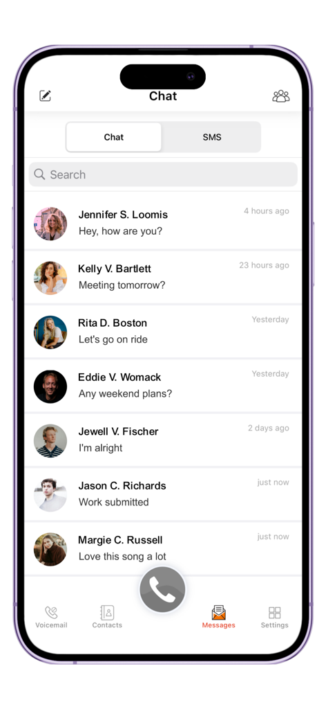 WiFi : Phone Calls & Text Sms - Interfaccia dell'app di chiamate WiFi che mostra un elenco di chat recenti e messaggi SMS con foto profilo e anteprime di testo.