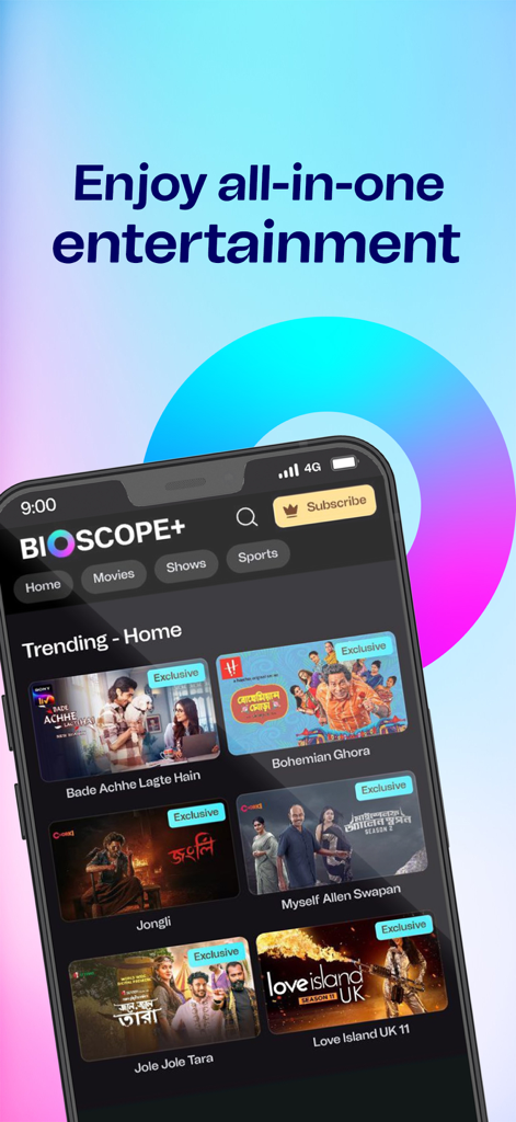 Bioscope+ - Bioscope+ app interface showing a variety of trending movies, series, and exclusive Bengali and international content.