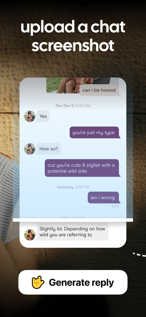 Woto - AI Texting Assistant - A mobile interface for the Woto app showing a chat screenshot upload feature and a generate reply button