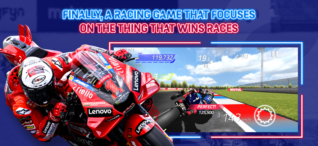 A red Ducati racing motorcycle alongside a gameplay screenshot of the MotoGP Racing 23 mobile game showing speed and timing telemetry