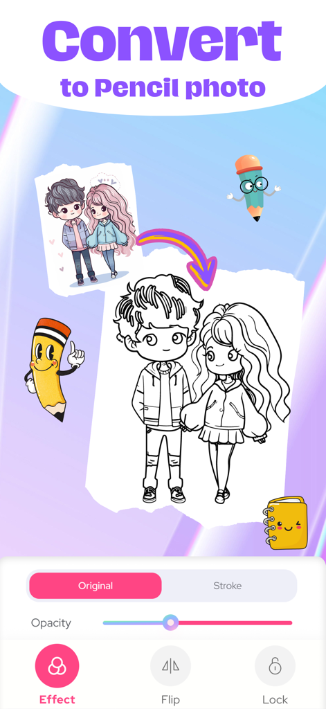 A mobile app interface demonstrating how to convert a color illustration into a black and white pencil sketch for tracing