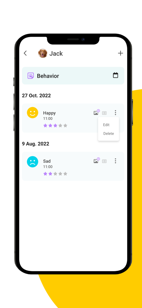 11pets: Pet Care - Interface of the 11pets app showing a behavior log for a dog named Jack with mood entries and ratings.