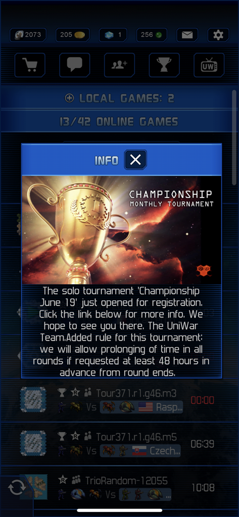 UniWar app screenshot showing a monthly championship tournament announcement popup with registration details