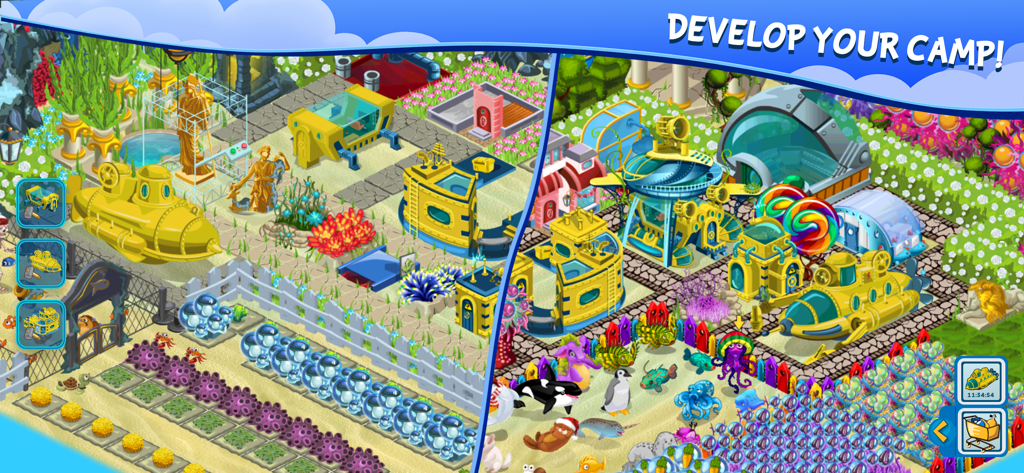 Treasure Diving - Una vibrante base submarina en Treasure Diving con un submarino amarillo y animales marinos