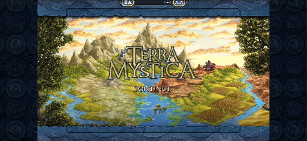 Terra Mystica mobile app title screen with fantasy landscape illustration