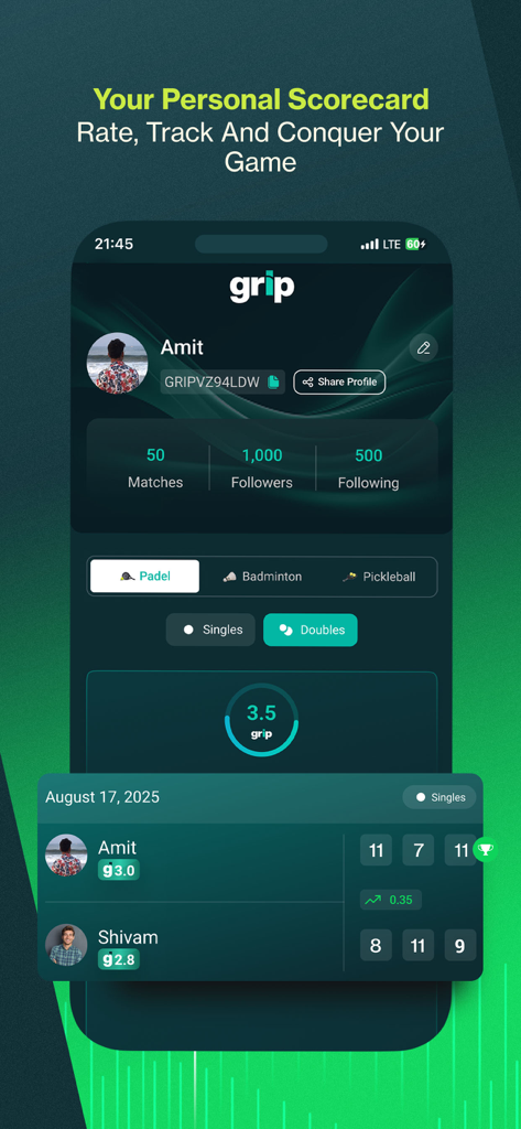 Hudle: Find Sports Activities - Schermata dell'app Hudle che mostra una scorecard sportiva personale e la valutazione di abilità GRIP per padel e pickleball
