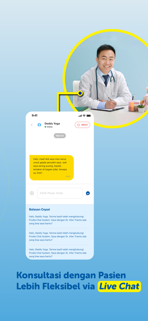 Prodia for Doctor - Screenshot of the Prodia for Doctor app showing the live chat feature for flexible medical consultations with patients.
