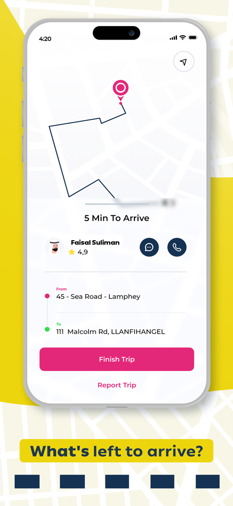 Mobile app interface for Captain One Driver displaying a trip map passenger information and estimated arrival time