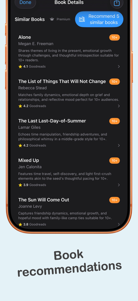 BookLens: Age-Right Books - Interfaz de BookLens mostrando una lista de recomendaciones de libros similares con calificaciones por edad y resúmenes.