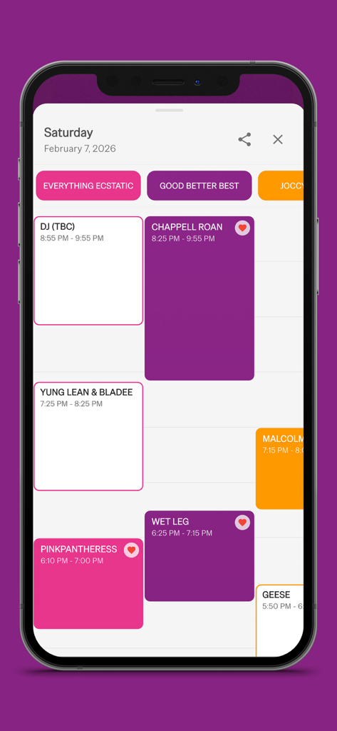 Laneway Festival - Mobile app screenshot showing the Laneway Festival schedule with artist set times and stage names for Saturday February 7th