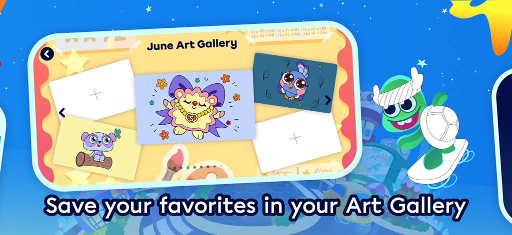 Moshi Coloring World - Ein Bildschirm, der die Kunstgalerie für Juni zeigt, in der Kinder ihre Lieblingszeichnungen von Moshi Monstern speichern können