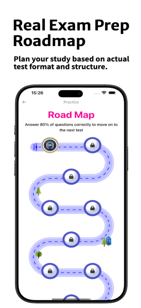 NZ Driving Theory Test PRO - Mapa de estrada gamificado mostrando o progresso do estudo e os módulos de preparação para o exame na aplicação NZ Driving Theory Test PRO