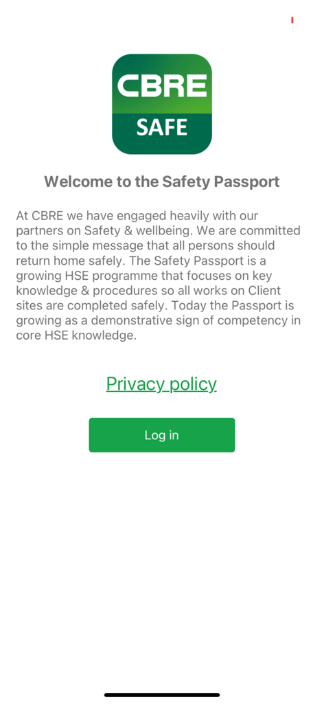 Welcome screen of the CBRE SAFE mobile app for the digital Safety Passport portal featuring a login button.