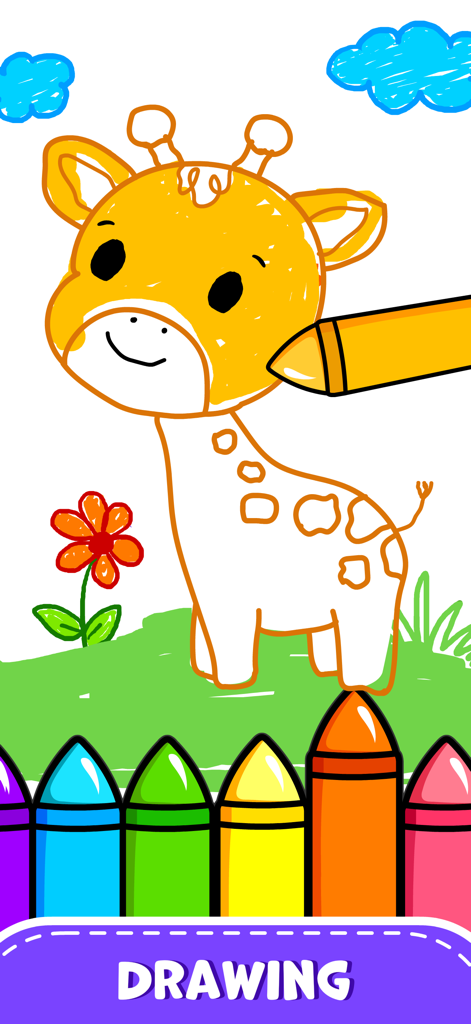 Toddler Games Baby Balloon Pop - 幼児向けのデジタルお絵かきアクティビティ。かわいい漫画のキリンが黄色いクレヨンで色付けされ、下部にはカラフルなクレヨンが並んでいます。