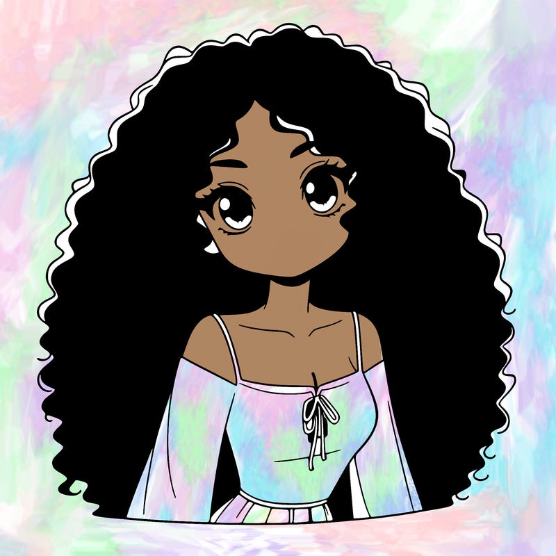 a black anime girl with long afro hair