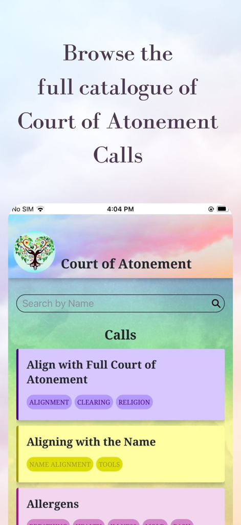 Court of Atonement - Mobile app interface showing the spiritual healing calls catalogue for the Court of Atonement.