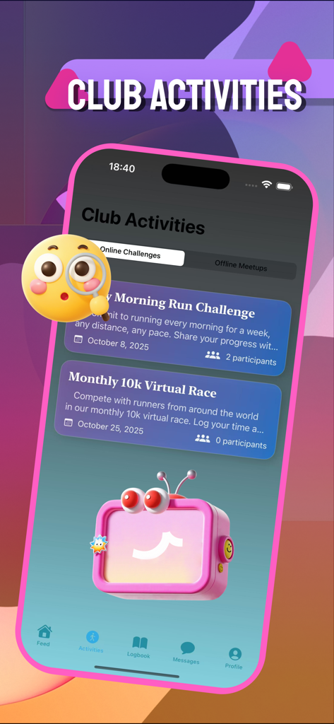 The Club Activities screen of the Miniy app displaying various online running challenges like the Morning Run Challenge and Monthly 10k Virtual Race.