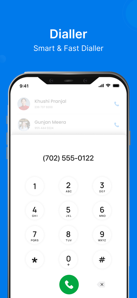 Caller Name Announcer App - Interface de discagem inteligente do aplicativo Announcer de Nome de Chamada com teclado numérico e lista de contatos recentes