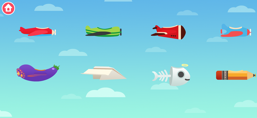 Dinosaur Plane Games for kids - Una variedad de aviones de juguete coloridos y creativos, incluyendo una berenjena y un avión de papel flotando en un cielo azul.