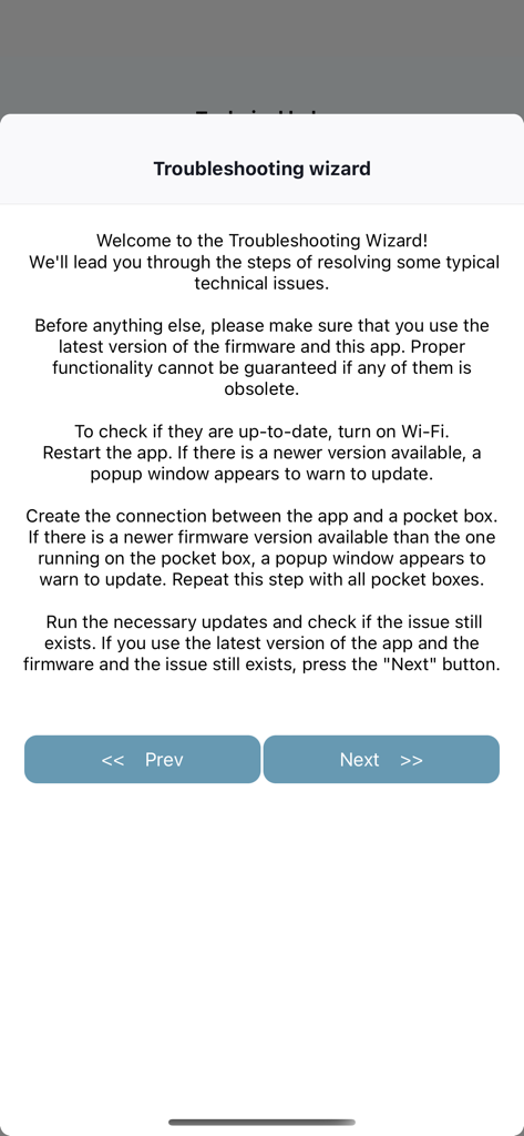 Calibur - Troubleshooting wizard screen for the Calibur fencing app
