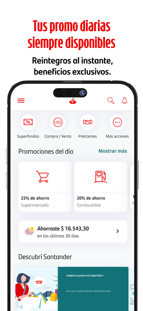 Santander Argentina - Interface of the Santander Argentina mobile app displaying daily savings promotions and financial services such as currency exchange and loans.