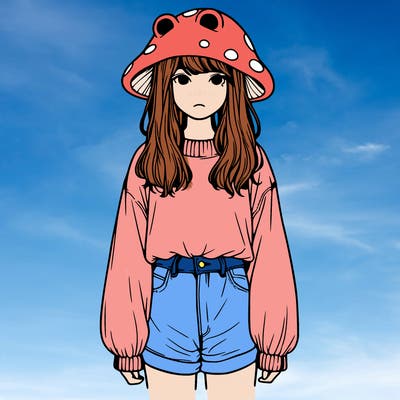 a realistic girl with a frog hat and baggy mushroom shirt