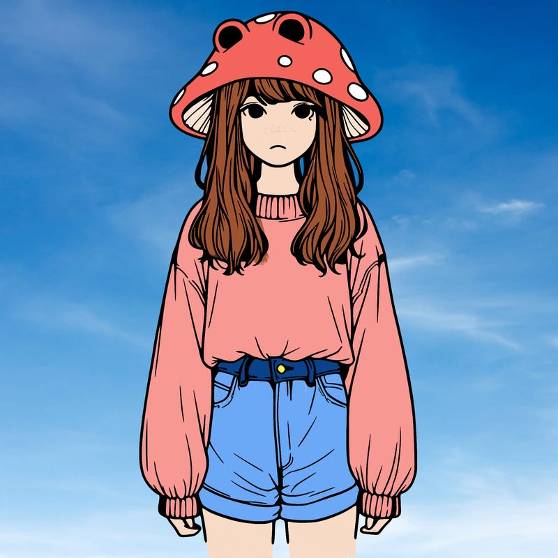 a realistic girl with a frog hat and baggy mushroom shirt