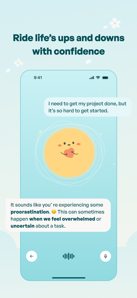 Flourish: 24/7 Wellness Buddy - Flourishアプリのスクリーンショット。Sunnieとの共感的なAI会話で、先延ばしを克服することについて示されています。