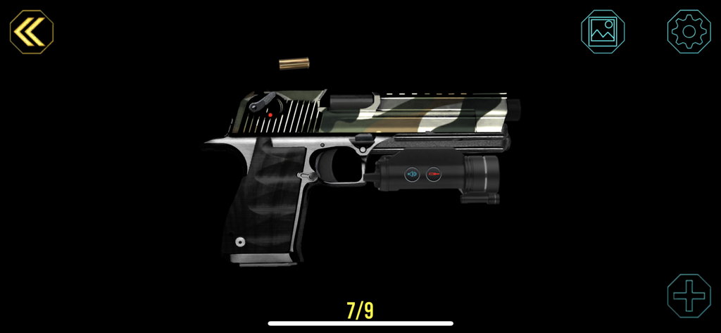 Interface do construtor de armas personalizadas mostrando uma pistola com padrão de camuflagem e luz tática