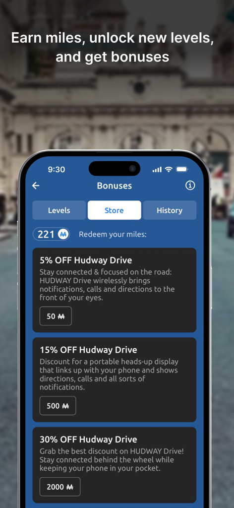 Hudway Go: Navigation with HUD - Hudway Go app bonuses screen showing rewards store where users can redeem earned miles for hardware discounts
