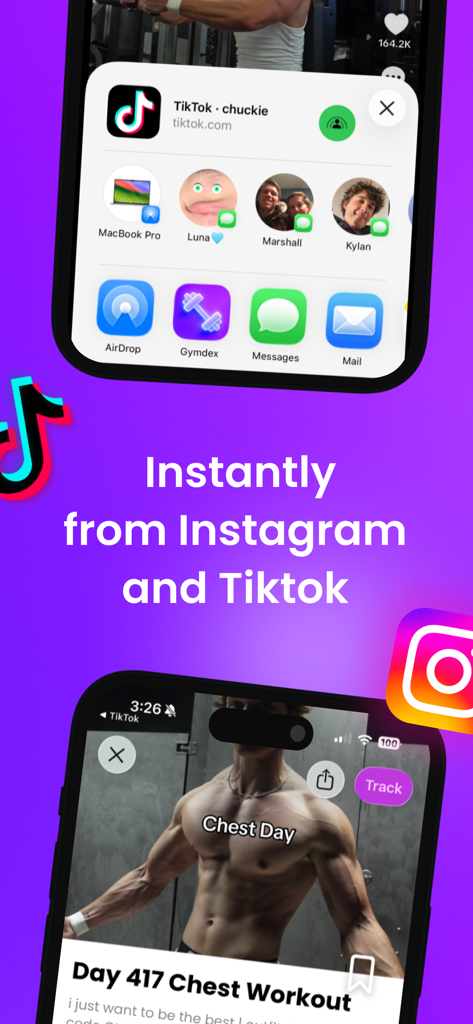 Interface mostrando como salvar e acompanhar treinos instantaneamente do Instagram e TikTok usando o aplicativo Gymdex.
