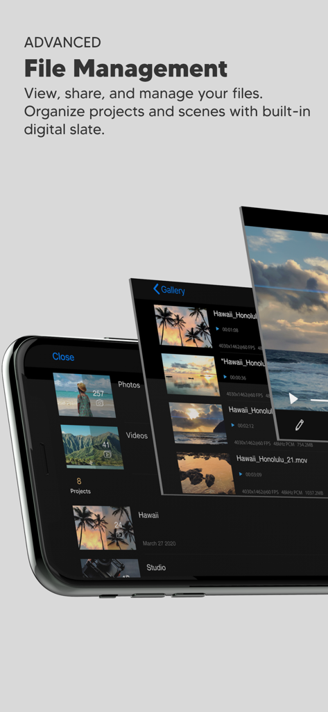 Beastcam - Pro Camera - Interface of the Beastcam Pro Camera app showing the advanced file management gallery for organized video projects and scenes.