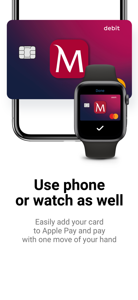 Bank Millennium - Bank Millennium debit card displayed on an iPhone and Apple Watch showing Apple Pay integration.