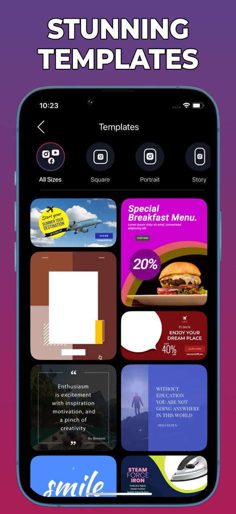 BG Remove: Background Editor - Una colección de plantillas de diseño gráfico para redes sociales y marketing empresarial dentro de la interfaz de la aplicación editor de fondos