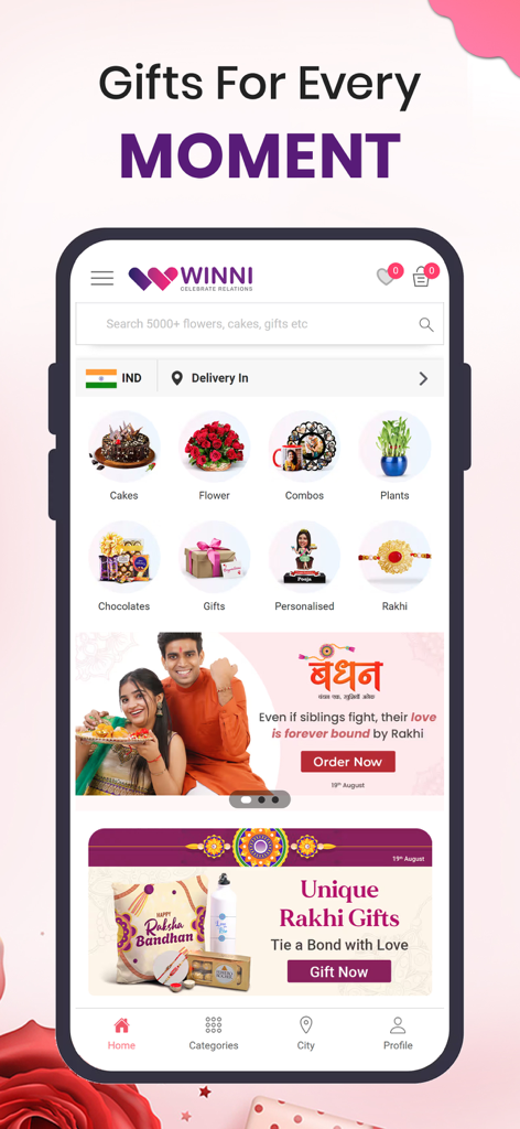 Winni - Cake, Flowers & Gifts - Winni app home screen displaying categories for cakes flowers chocolates and Rakhi gifts