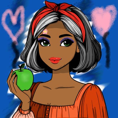 a woman with medium short hair, wearing a headband with a small bow, carrying an apple in her hand, realistic