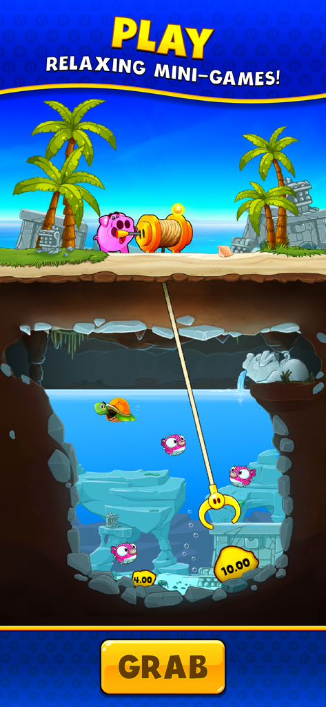 Piggy Prize - Um porco rosa usando uma garra mecânica para pegar pepitas de ouro em um minijogo de caverna subaquática